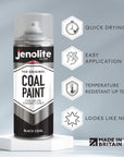 JENOLITE Peinture pour charbon noir | 400 ml | Rajeunit les charbons artificiels, les foyers, les poêles, les cheminées, etc. Finition mate (pour des températures allant jusqu'à 600 ºC / 1100 ºF)