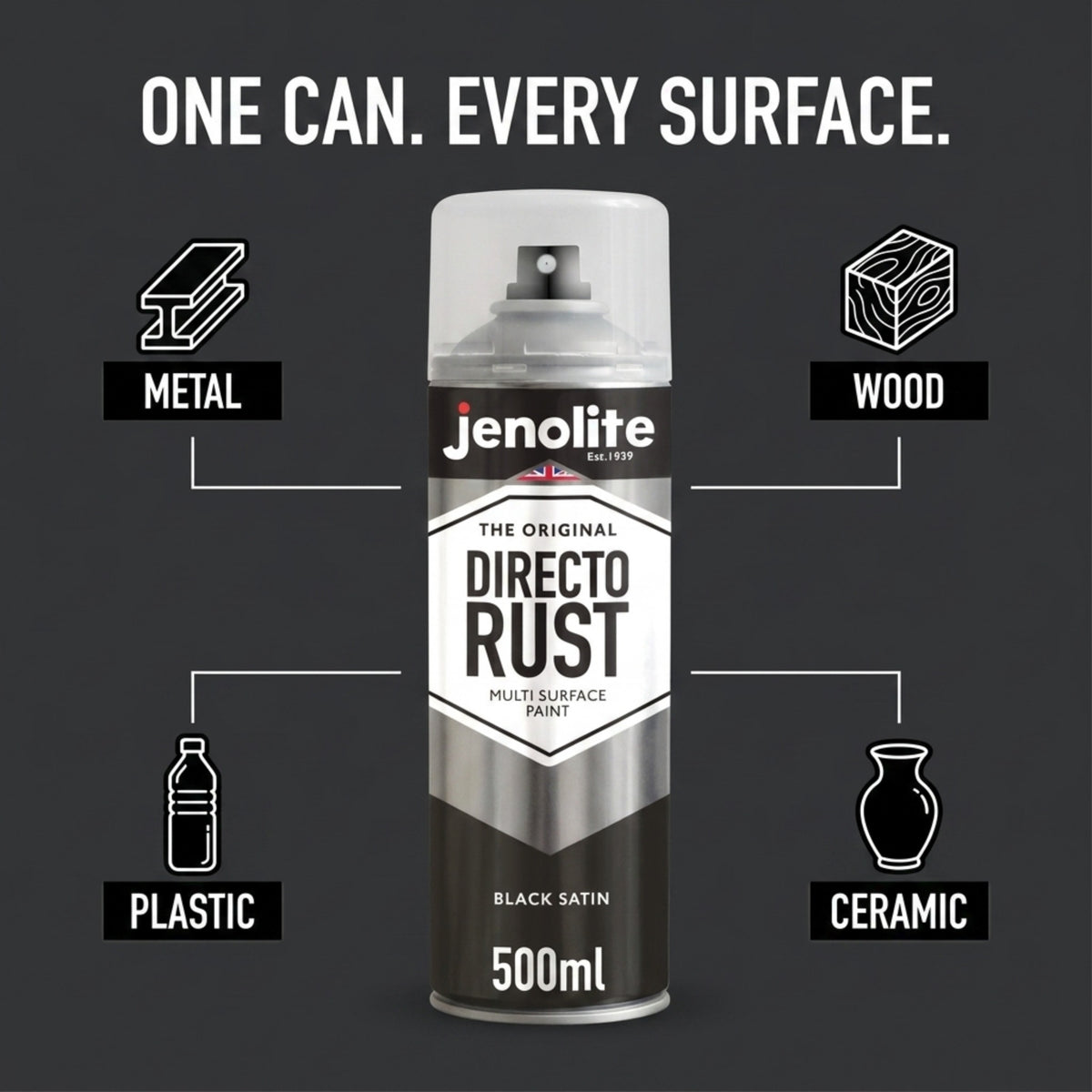 JENOLITE Directorust Peinture en aérosol finition satinée | 500ml | Peinture antirouille pour métal | Peinture en aérosol multi-surfaces : métal, bois, plastique (Copy)
