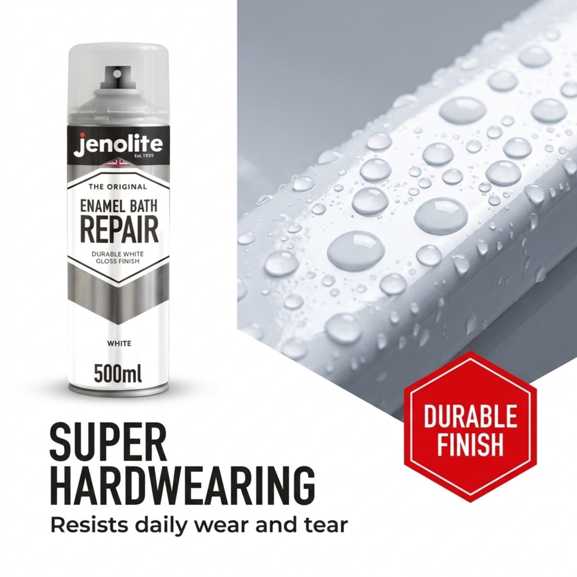 Peinture en aérosol de réparation de bain d'émail | BLANC BRILLANT | 400 ml | Finition super résistante et durable | Peinture et réparation des rayures sur les baignoires, receveurs de douche, éviers et appareils de cuisine 